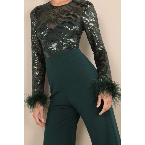 Lulus Limitless Radiance Green Sequin Feather Long Sleeve Jumpsuit Size XS Glam - Picture 2 of 9